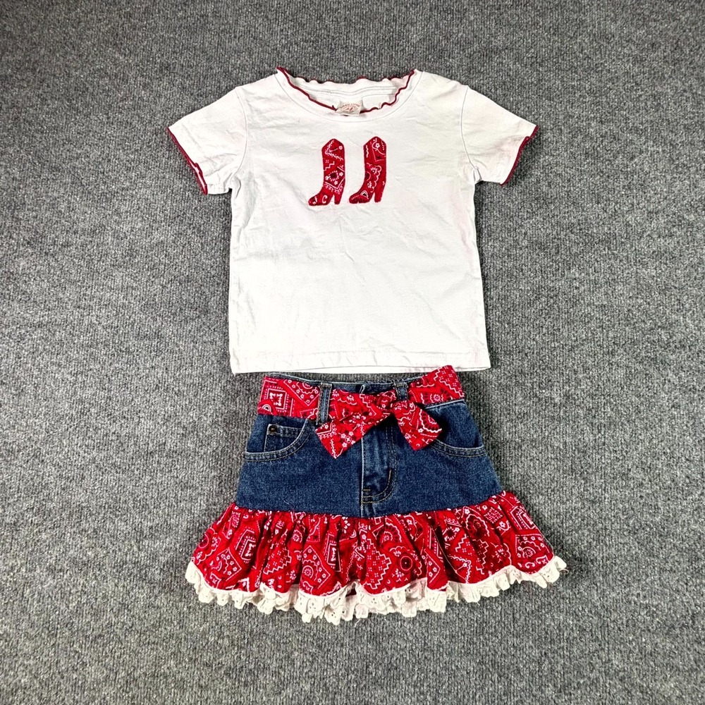 Kiddie Korral Boots Bandana Skirt Set Toddler Girls XS White Red Cowgirl Denim